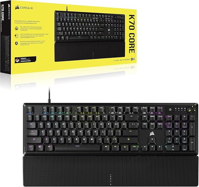 CORSAIR K70 CORE RGB Mechanical Wired Gaming Keyboard with Palmrest – Pre-Lubed MLX Red Linear Switches, SOCD, ABS Double-Shot Keycaps, Sound Dampening, Media Control Dial, QWERTY NA – Black - Image 8