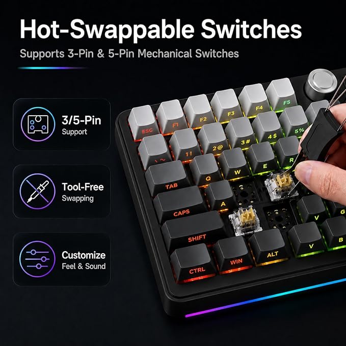 AOC GK330 75% Wireless Mechanical Gaming Keyboard, Hot-Swappable 3-Mode RGB | BT/2.4GHz/USB-C Connectivity, Pre-Lubed Reaper Switches, Anti-Ghosting, Gasket Mount and 5-Layer Sound-Dampening Padding - Image 5