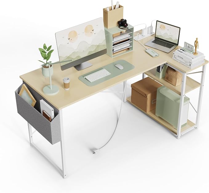 TIQLAB L-Shaped Computer Desk with Power Outlets - Reversible Shelves, 47 Inch Gaming & Study Desk in Beige by TIQLAB