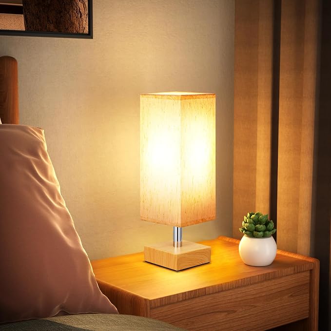 Wood-Grain Small Bedside Lamp for Bedroom - Square Cream Fabric Shade | Inline Rocker Switch, Corded Electric, Bulb Not Included, 12.8" Mini Table Lamp for Nightstand, Desk, Dorm, Office - Image 6