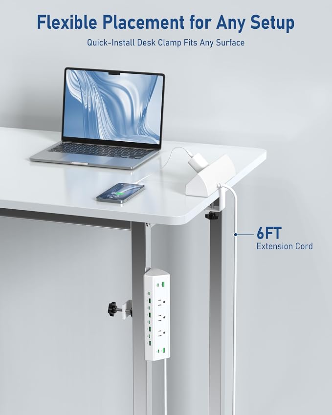 Jgstkcity 90W Desk Clamp Power Strip,12 USB Ports (6 PD 45W USB-C),Surge Protector,ETL Listed Power Hub Extension Cord,Fast Charging Station for Home Office Desk Edge Mount (White, 12 USB-90W) - Image 4