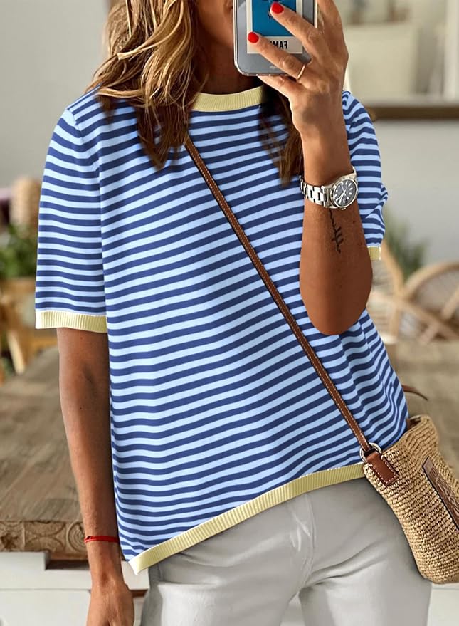 Dokotoo Womens Tops 2026 Casual Summer Crewneck Short Sleeve Striped Color Block Knit High Low Trendy Pullover Sweaters - Image 2