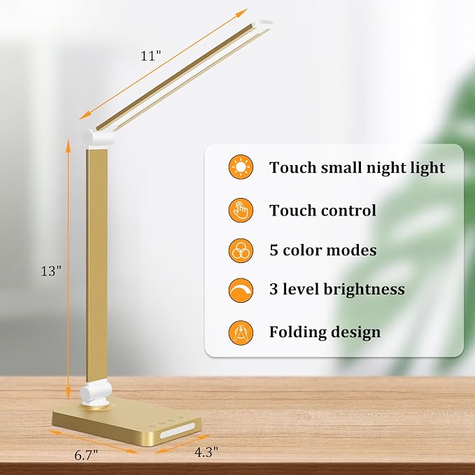 LED Desk Lamp with USB Ports,Touch Desk Lamps for Home Office with 5 Modes | 3 Brightness Desk Light with Small Night Light,Reading Lamp Table Lamp for Bedroom Bedside Study Gold （with adapter） - Image 3