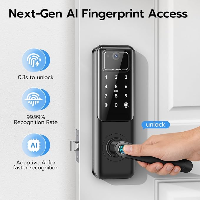 WiFi Video Smart Door Lock with Camera & Doorbell, Keyless Entry Fingerprint Lock with Handle for Front Door, Nyboer Keypad Electronic Digital with Rechargeable Lithium Battery, Easy Installation - Image 7