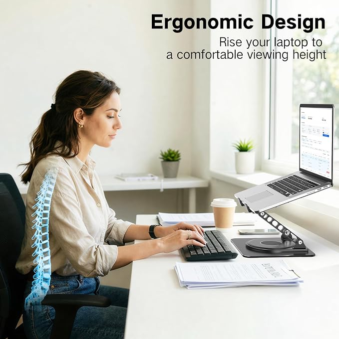 Adjustable Laptop Stand for Desk with 360 Rotating Base | Metal Foldable Laptop Riser Holder, Portable Desktop Book Stands, Ventilated Cooling Notebook Stand for 10-15.6” Laptops - Image 3