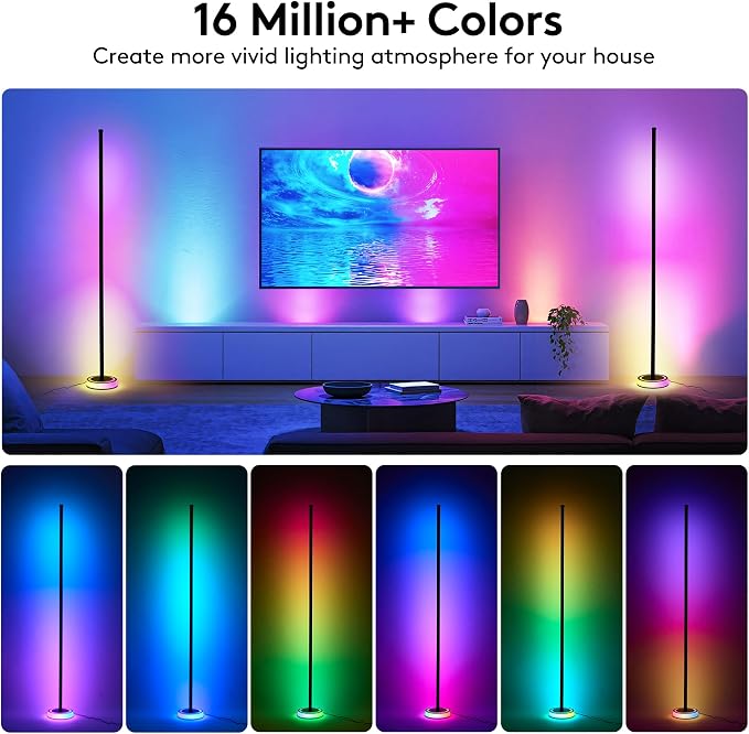 59" Smart LED Corner Floor Lamp, RGBICW Color Changing Ambient Lighting, App Control Music Sync Mood Light, Modern Dimmable Room Decor for Bedroom, Living Room, Gaming Setup, Black - Image 3