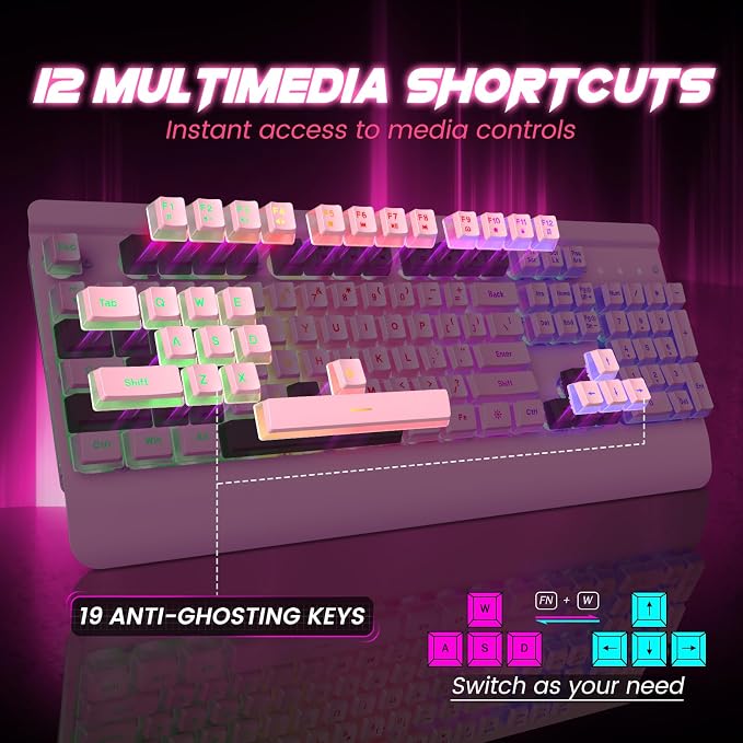 Pink Creamy Keyboard, 104 Keys All-Metal Panel, Rainbow LED Backlit Silent Gaming Keyboard, Wrist Rest, PBT Keycap, Anti-ghosting Keys, Light Up USB Wired Computer Keyboard for PC | Pink Creamy Keyboard Rainbow LED Backlit, Wrist Rest, PBT keycaps, Ant... - Image 5