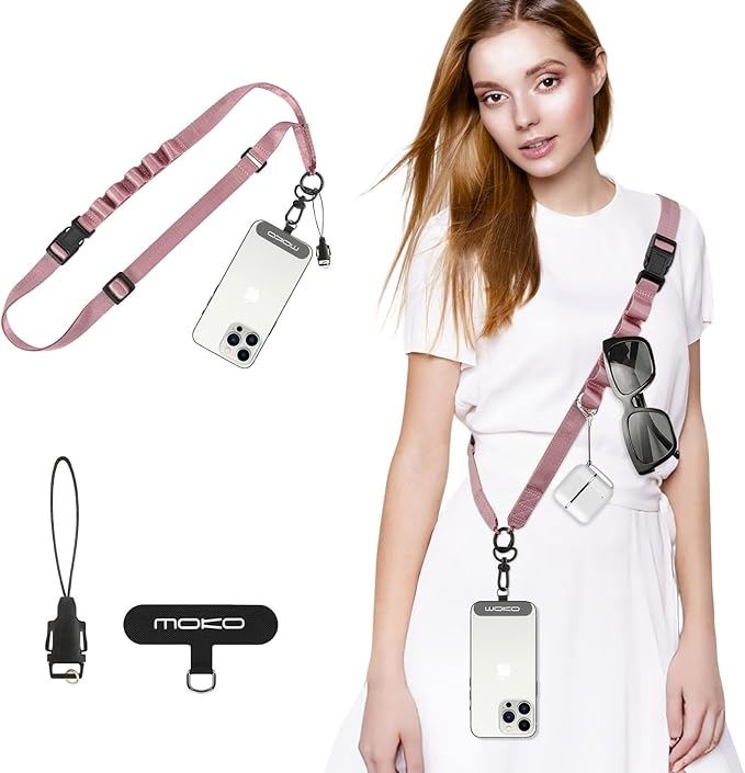 MoKo Universal Phone Lanyard, Nylon Adjustable Cell Phone Crossbody Strap Detachable Women & Men Cellphone Lanyards Around the Neck with Patches for iPhone, Most Smartphone, Rose Gold by MoKo