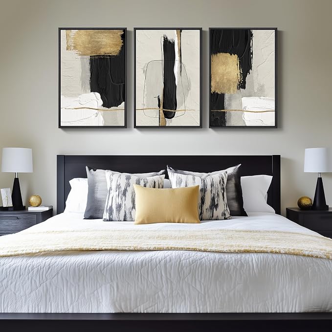 Large Framed Black and White Abstract Wall Art, 3 Piece Modern Canvas Prints Paintings Artwork for Walls, Minimalist Black Beige Gold Pictures for LIving Room Bedroom Office Wall Decor Total 30x60 In - Image 8