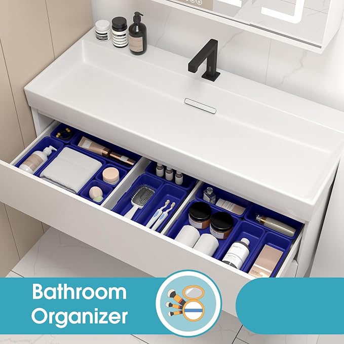 16 PCS Drawer Organizer Set, 4 Size Makeup Drawer Divider Organizer With Non-Slip Pads, Interlocking Plastic Storage Bins for Office,Jewelry Vanity,Gadgets, Bathroom,Kitchen, Navy - Image 7