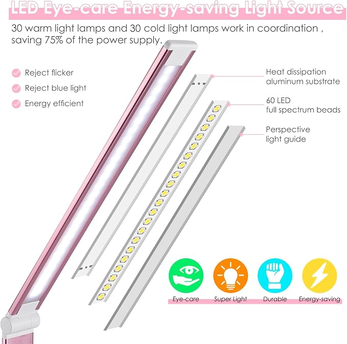 Desk Lamp, LED Desk Light with 10 Brightness Levels, 5 Color Temperatures, USB Power, Foldable Dimmable Table Lamp, Timer & Memory, Touch Control, Eye Caring Lamp for Reading Work Study Nail - Image 4