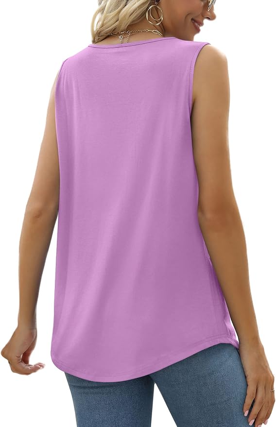 Saloogoe Summer Tank Tops for Women Loose Fit Pleated Square Neck Sleeveless Tops Curved Hem Flowy - Image 5
