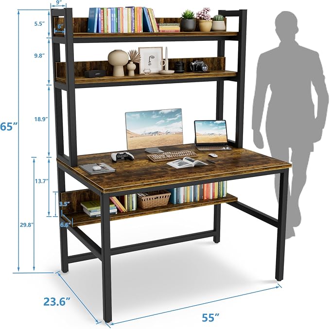 Aquzee Computer Desk with Hutch Bookshelves, 55 Inch Home Office Writing Desk with Space Saving Design, Gaming Table Organized Desk with Storage Shelves Bookshelf Easy Assemble, Rustic Brown - Image 3