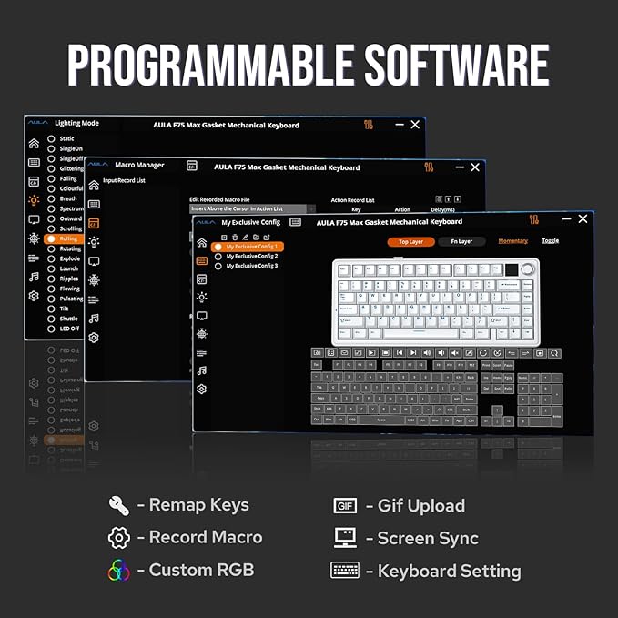 EPOMAKER X Aula F75 MAX Wireless Mechanical Keyboard with TFT Screen and Knob, Gasket Gaming Keyboard in 75% Layout, Hot Swappable, RGB Backlight, for PC/Mac/Linux (Black Gradient) - Image 6