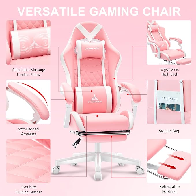 Gaming Chair,Ergonomic Massage Office Desk Chair with Footrest,Pink | Pocket Spring Cushion,Reclining,Thick High Back,Headrest and Lumbar Support,Adjustable Leather Computer Chair Gamer Chair - Image 5