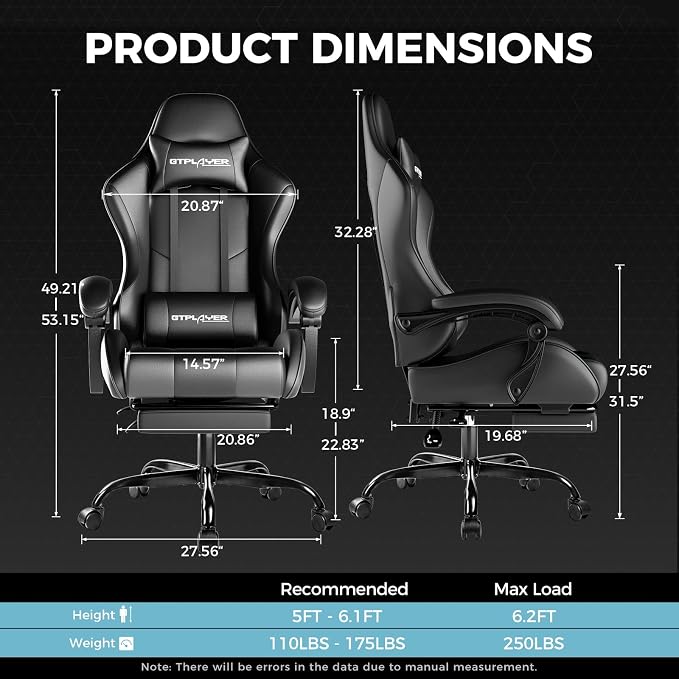 GTPLAYER Gaming Chair, Computer Chair with Footrest and Lumbar Support, Height Adjustable Game Chair with 360°-Swivel Seat and Headrest and for Office or Gaming (Faux Leather, Black) - Image 3