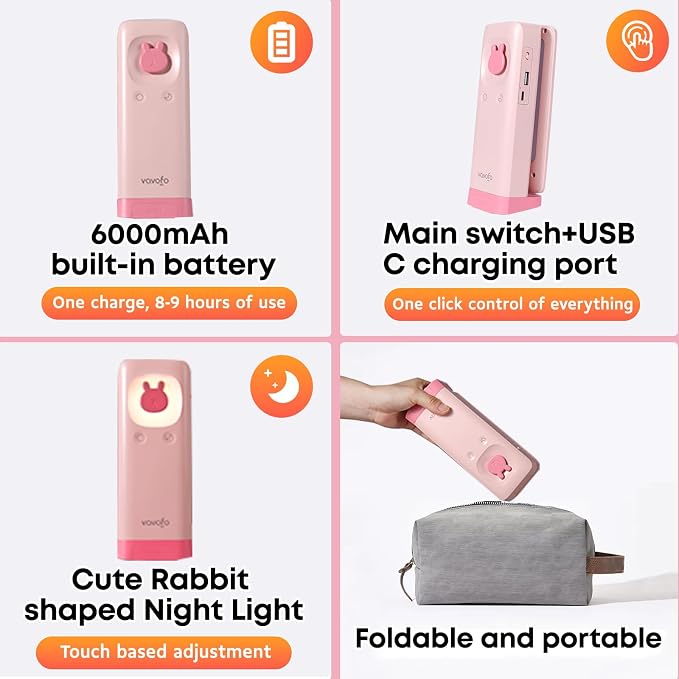 VAVOFO Cute Bunny Desk Lamp, Foldable LED Rechargeable Table Light, Eye-Caring Reading Lamp, 3 Color Modes & Dimmable, for Kids Girls Bedroom Study Dorm Room(Pink) - Image 7