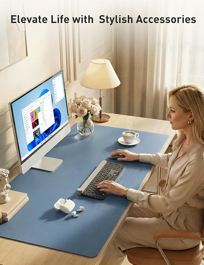 Aothia Faux Leather Desk Mat - Non-Slip PU Leather Desk Blotter, Waterproof Writing Surface, Large Desk Pad for Office & Home (Denim Blue, 55" x 24") - Image 8