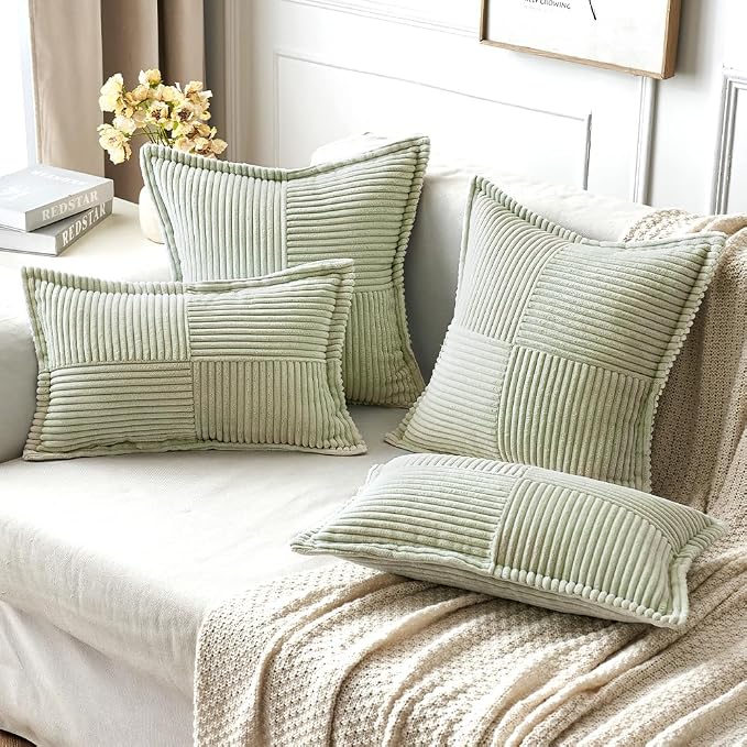 MIULEE Spring Decorative Throw Pillow Covers for Couch Bed Livingroom 20x20 Inch Set of 2 Light Green Boho Accent Throw Pllows Broadside Striped Patchwork Soft Corduroy Summer Pillowcases - Image 4