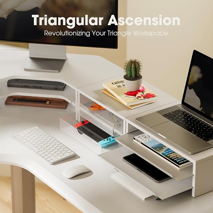 Fenge Dual Monitor Stand, Corner Monitor shelf with Drawer and Slide-Out Tray, 2 Tier Triangle Monitor Riser with Storage, Desk Shelf Organizer for Desk, Home Office, Computer, Laptop, Printer - Image 5
