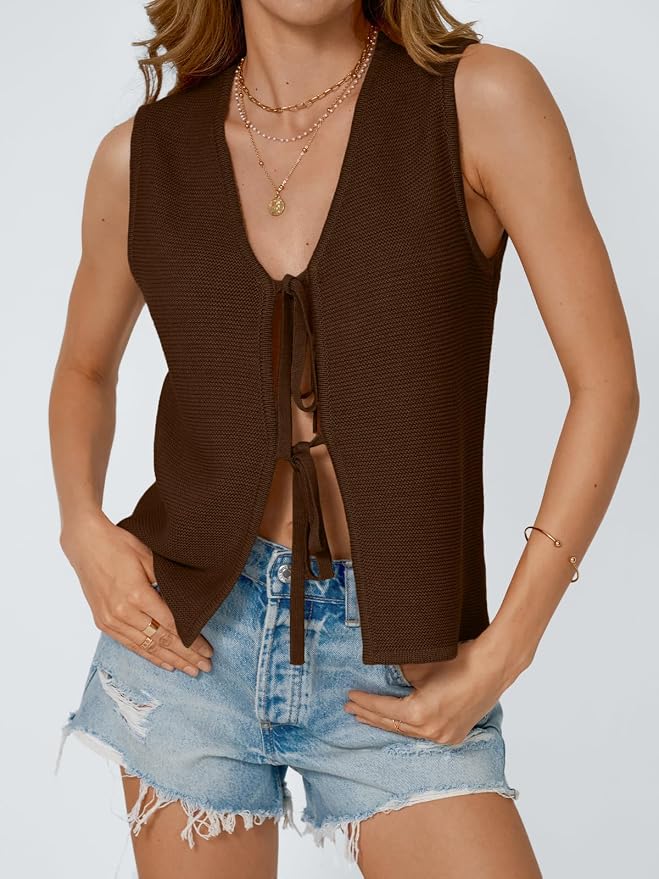 LILLUSORY Womens Tie Front Tops Vacation Sweater Vest | Bohemian Style, Beach Resort Wear, Concert Western Outfits, Crochet Tops, Vacation Outfits, Cute Y2k Sleeveless 2026 - Image 2