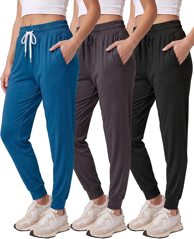 3 Pack Women's Lounge Joggers Sweatpant Active Athletic Yoga Workout Pocket | Available in Plus Size, Ladies Casual, Drawstring Gym Pants, Sleep Bottoms, Hiking, Running, Fitness, Exercise, Pajama, Soft by RealEssentials