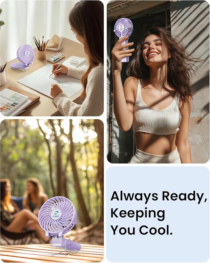 KIBEE Portable Handheld Fan, 5200mAh Rechargeable Mini Fan with Up to 20H Runtime, 180° Foldable Personal Fan, 3 Speeds, Desk Stand, Travel Essentials for Women, Concerts, Makeup, Camping, Purple - Image 6
