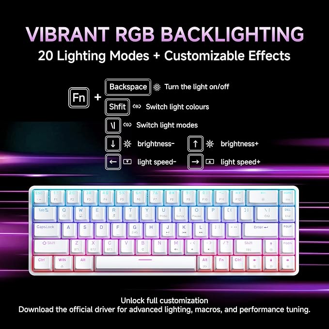 DIERYA DK68 60% Wireless Mechanical Gaming Keyboard, 3-Mode, Bluetooth 5.0/2.4G/USB-C, RGB Backlit, 68-Key Compact Mini for Windows, Mac, Linux - Linear Red Switch - White - Image 6