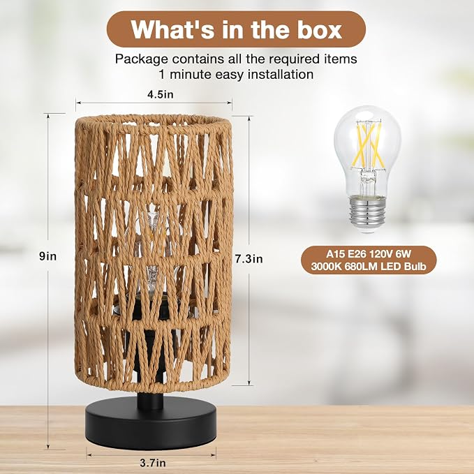 Fenmzee Table Lamps (Rattan Rope Shade - Black Base, 9" Inline Control) | 3000K LED Blub Included | 680 Lumens | Easy Assembly | Minimalist Design | E26 | for Kitchen | for Kids Room - Image 3