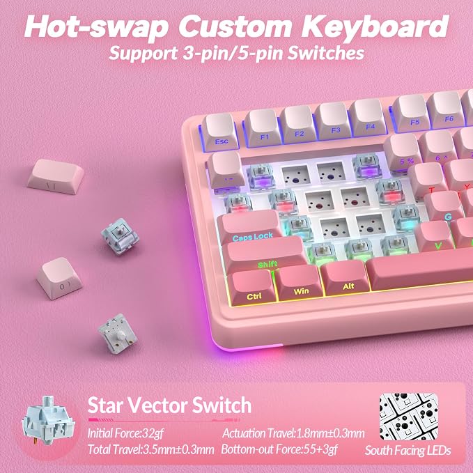 AULA S75 PRO Wireless Mechanical Keyboard with Screen&Knob, Tri-Mode Hot Swappable Gaming Keyboard 75%, Pre-lubed Switches, RGB Backlit, Side Printed PBT Keycaps, Creamy Sounding Pink Keyboards - Image 6
