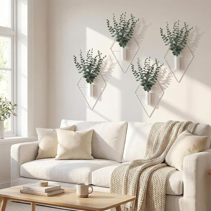 Jexine 8 Pcs Hanging Planters with Artificial Eucalyptus Metal Hanging Vase Indoor Plants Holder Modern Geometric Boho Bathroom Wall Decor for Living Room Home Office (Eucalyptus,White) - Image 4