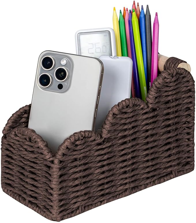 CubesLand Bedside Table Desk Organizer Caddy, Remote Pen&Pencil Holder Cup | Makeup Brush Holder w/Scalloped Perfect for Home, Office Desk, Living Room Table Decor, 3 Slots Brown by CubesLand