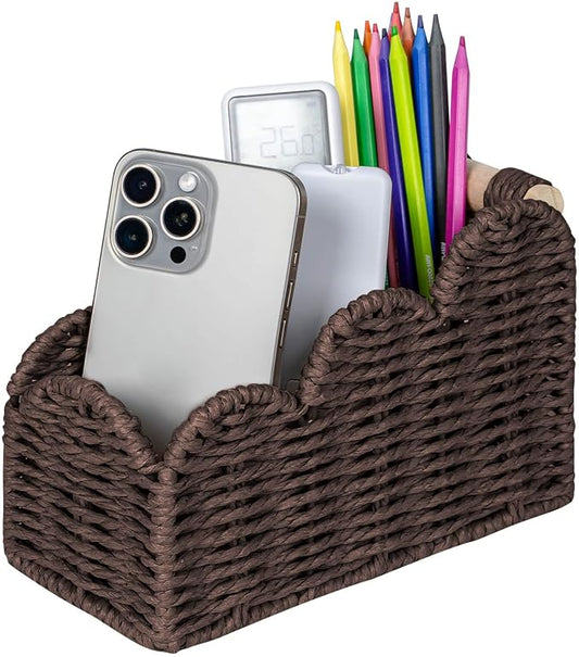 CubesLand Bedside Table Desk Organizer Caddy, Remote Pen&Pencil Holder Cup | Makeup Brush Holder w/Scalloped Perfect for Home, Office Desk, Living Room Table Decor, 3 Slots Brown by CubesLand