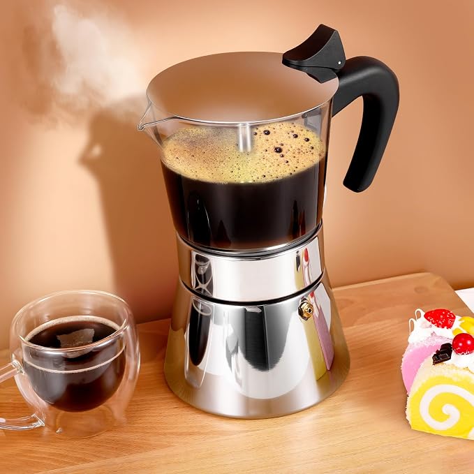 9 Cup 450ml Glass Moka Pot, Stovetop Espresso Maker, Silver | Crystal Glass-top & Stainless Steel Coffee Maker, Induction Compatible, for Greca de Cafe, Cuban and Italian Coffee Brewing - Image 6
