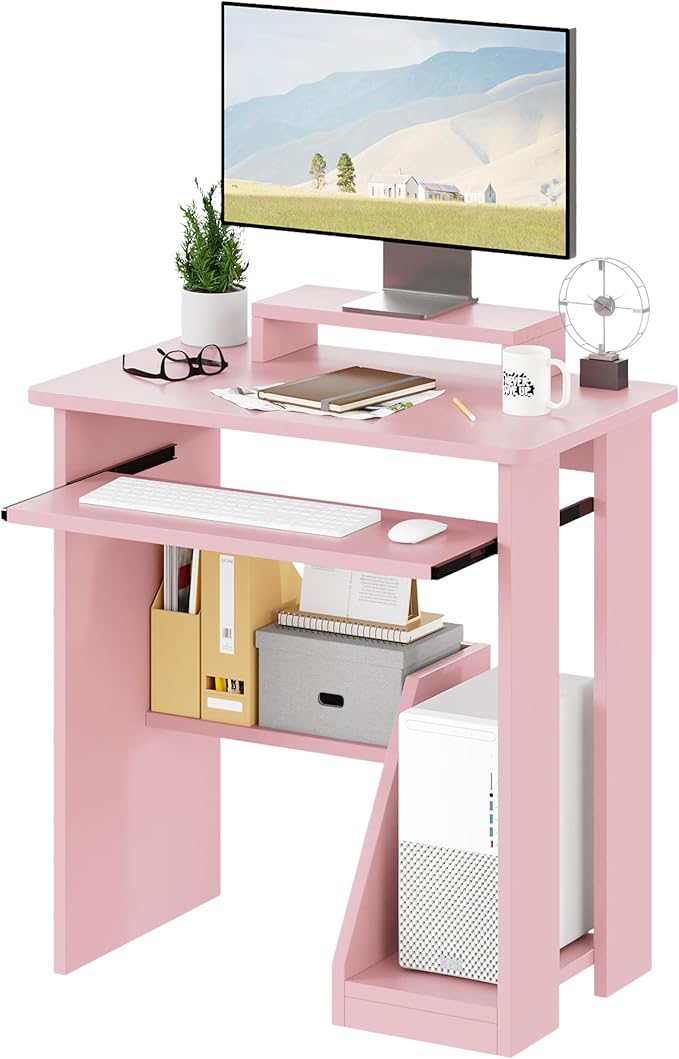 ALISENED 30 Inch Computer Desk, with Keyboard Tray & Monitor Stand | Compact Desk for Space-Saving, Ergonomic Study Desk with Storage Shelves for Writing, Gaming, Working, Pink by ALISENED