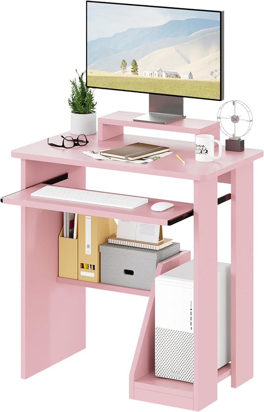 ALISENED 30 Inch Computer Desk, with Keyboard Tray & Monitor Stand | Compact Desk for Space-Saving, Ergonomic Study Desk with Storage Shelves for Writing, Gaming, Working, Pink by ALISENED