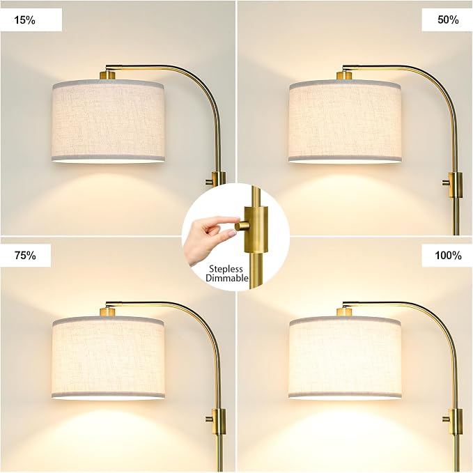 Nintiue Upgraded Modern Arc Dimmable Tall Standing Floor Lamp with Linen Shade, 1200 Lumens LED Bulb Included, for Living & Reading Room, Bedroom, Office & Nursery, Brass - Image 3