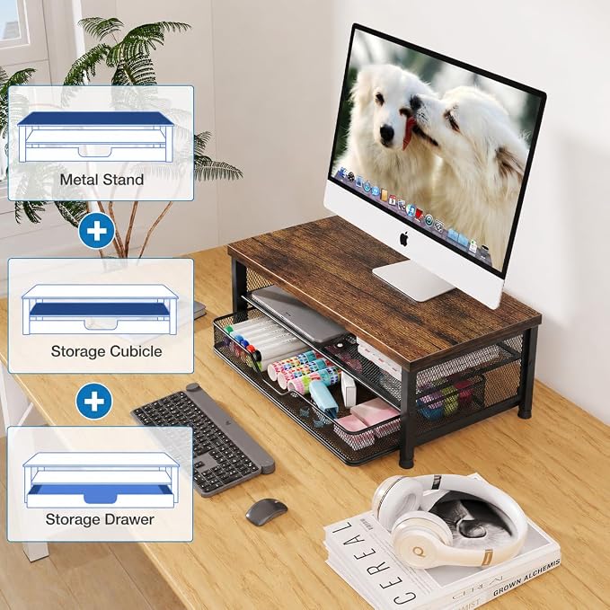 OPNICE Computer Monitor Stand Riser, Desk Organizer with Drawer, Printer & Laptop Stand, Office Desk Accessories & Workspace Desktop Organizers Storage for Office Supplies(Brown) - Image 3