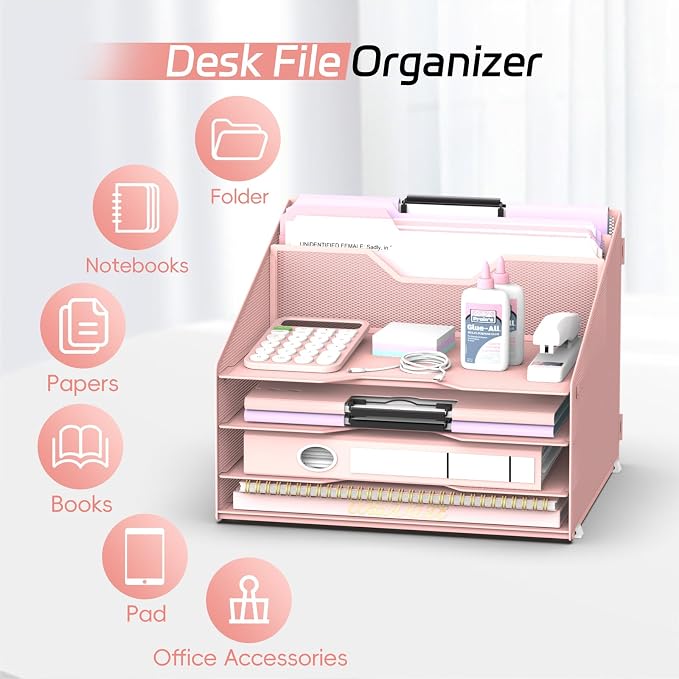 Desk File Organizer, 4 Letter Trays and 2 Upright Sections, Pink | Paper Organizer for Desk with Tiered Letter Trays and Vertical File Holders for Home Office, School and Workspace Use - Image 4