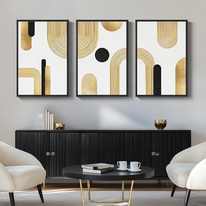 Large Framed Gold Abstract Geometric Wall Art for LIving Room, 3 Piece Modern Canvas Prints Paintings Artwork for Walls, Minimalist Black White Gold Pictures for Hallway Office Wall Decor 24x36 Inch - Image 4