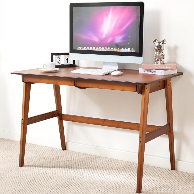 Nnewvante 46" Bamboo Writing Desk with Drawers for Home Office, Brown | Work Study Laptop Table, Computer Desk with Storage for Bedroom, Modern Simple Style - Image 7