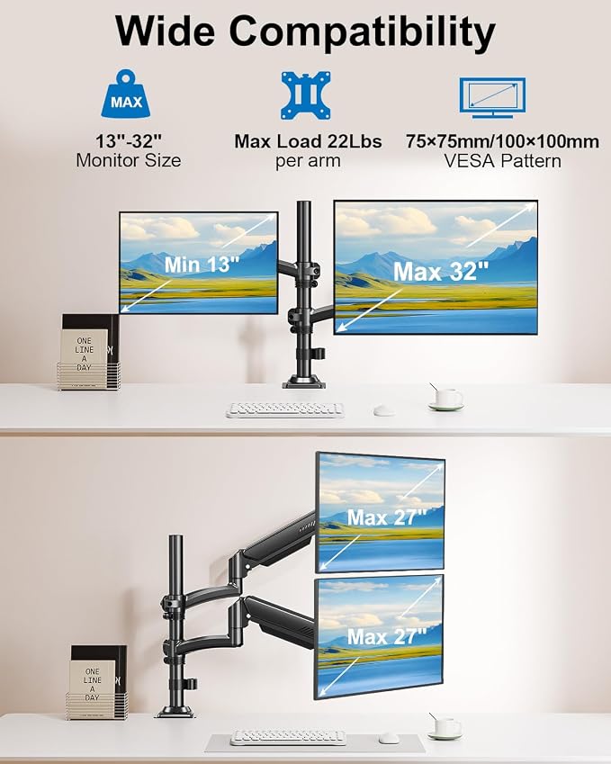 Dual Monitor Stand for Computer Screen up to 32", Holds 22 lbs Each | Taller Monitor Arms Desk Mount, Height Adjustable Gas Spring VESA Mount with C-clamp Grommet Mounting, Black, Freelift - Image 2