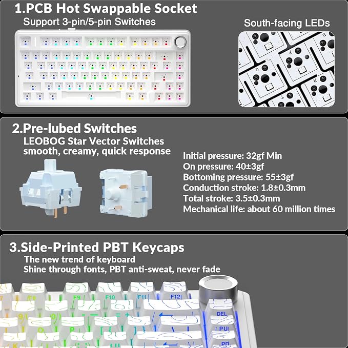 AULA F75 Pro Wireless Mechanical Keyboard with Knob,75% Hot Swappable Custom Gaming Keyboards,RGB Backlit,Pre-lubed Switches,Side Printed PBT Keycaps Creamy Sounding Computer Keyboard, Line White - Image 4