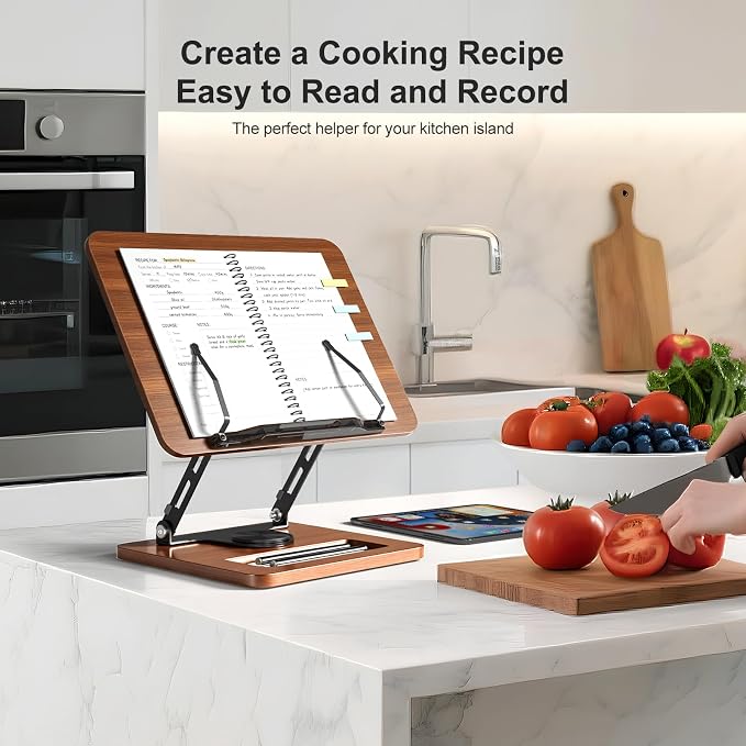 OPTIXCELL Book Stand for Reading, 360° Rotating Book Holder, Page Clips | Hands Free, Built-in Storage Tray, Adjustable Height Angle, Non-Slip, Foldable 13.3x9.4x1.9in, Fits Cookbook Tablet & Laptop - Image 7