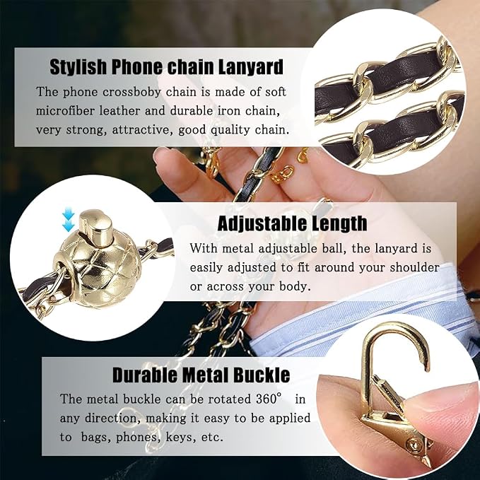 Phone Crossbody Chain Cell Phone Lanyard,Universal Leather+Metal Shouder Strap with Phone Tether Patches (I) - Image 2