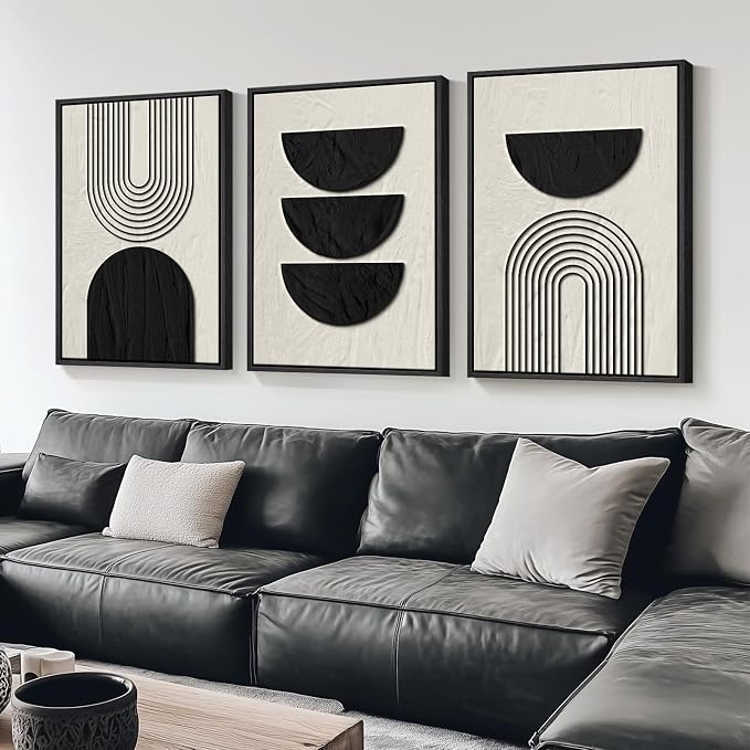 Framed Boho Wall Art for Living Room, Large 3 Piece Neutral Geometric Black and Beige Abstract Pictures Wall Art Decor, Farmhouse Vintage Artwork Home Decor for Hallway Office Guest Room 24x36 Inch - Image 4