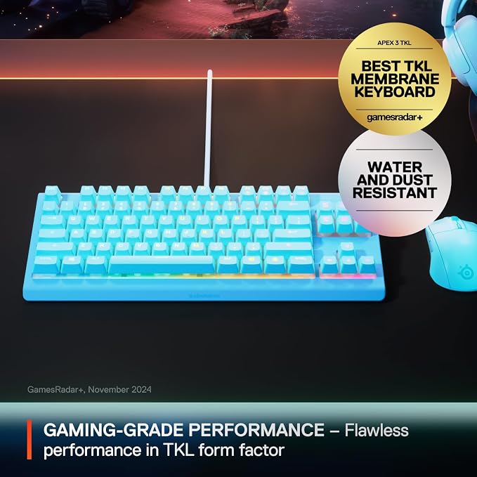 SteelSeries Apex 3 TKL Aqua RGB Gaming Keyboard — Tenkeyless Compact Form Factor — 8-Zone RGB Illumination — Water and Dust Resistant — Whisper-Quiet Gaming Switch - Image 2