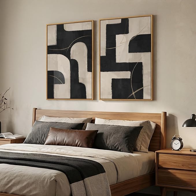 Large Framed Modern Neutral Abstract Wall Art, Set of 2 Minimalist Black and Beige Canvas Prints Paintings Artwork for Walls, Geometric Pictures for Living Room Hallway Bedroom Wall Decor 24x36 In - Image 4