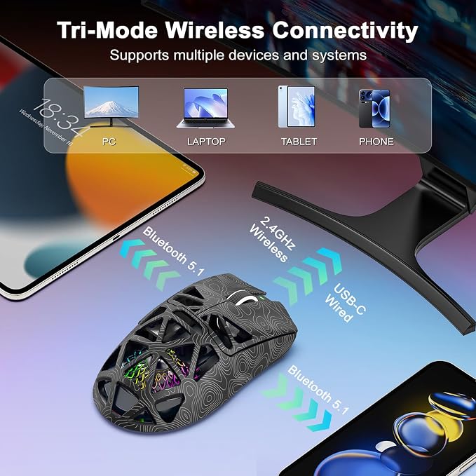 G11 Lightweight Wireless Gaming Mouse for FPS & Competitive Gaming, Tri-Mode Bluetooth 5.1/2.4GHz/USB-C, 22000 DPI RGB Mouse with Programmable Buttons for PC, Laptop & Mac - Image 3