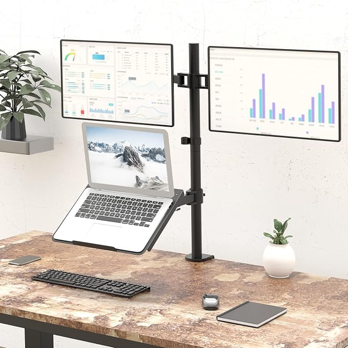 WALI Triple Arm Laptop and Dual Monitor Desk Mount for 17" Notebook and Up to 27" Screens, Extra Tall Adjustable Monitor Stand with Laptop Tray, VESA 75x75 100x100, Black (M002XLLP) - Image 2
